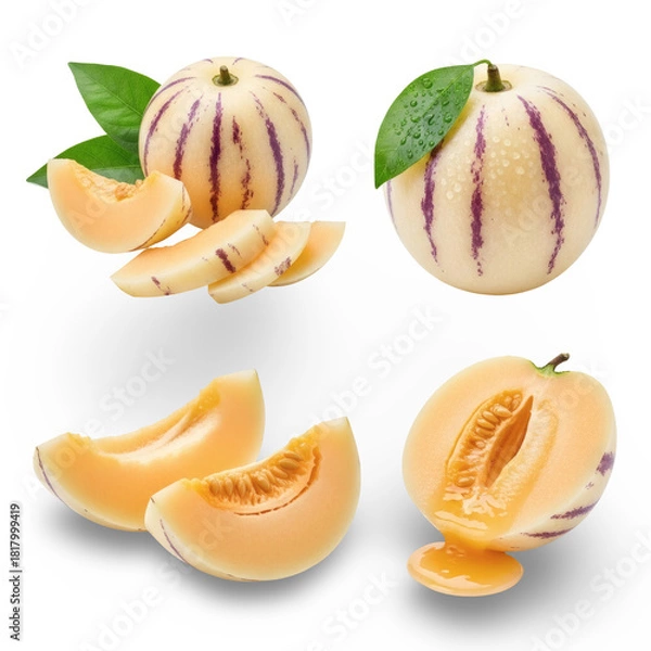 Fototapeta Pepino melon variety, sliced and whole fruits isolated on transparent background