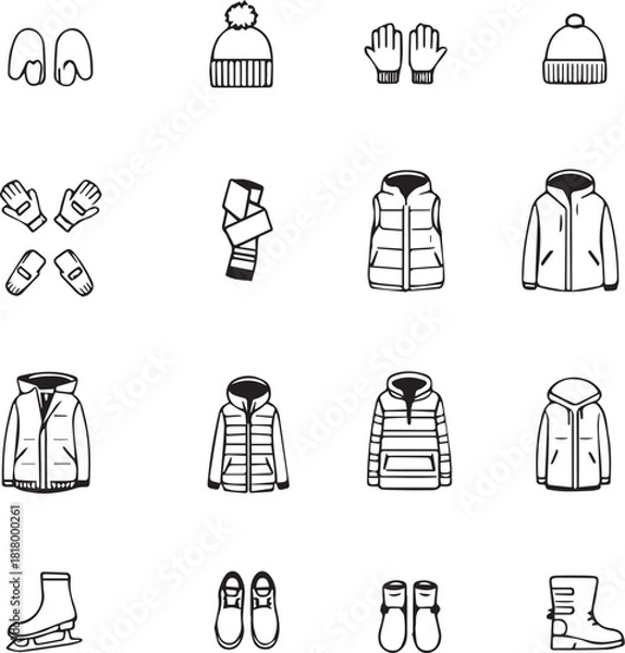 Obraz Winter Clothing and Gear Icons Set Vector: Jackets, Hats, Gloves, and Boots Line Art