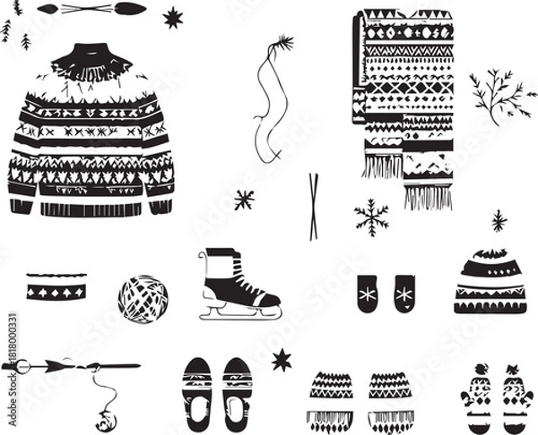 Fototapeta Winter Accessories Vector Set: Nordic Sweater, Scarf, Ice Skate, and Knitwear Line Art