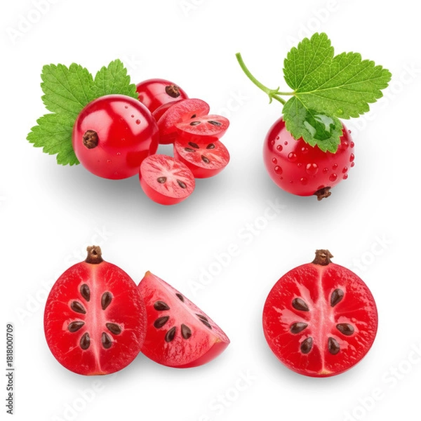 Fototapeta Fresh red currant composition with leaves and sliced fruit Transparent Background