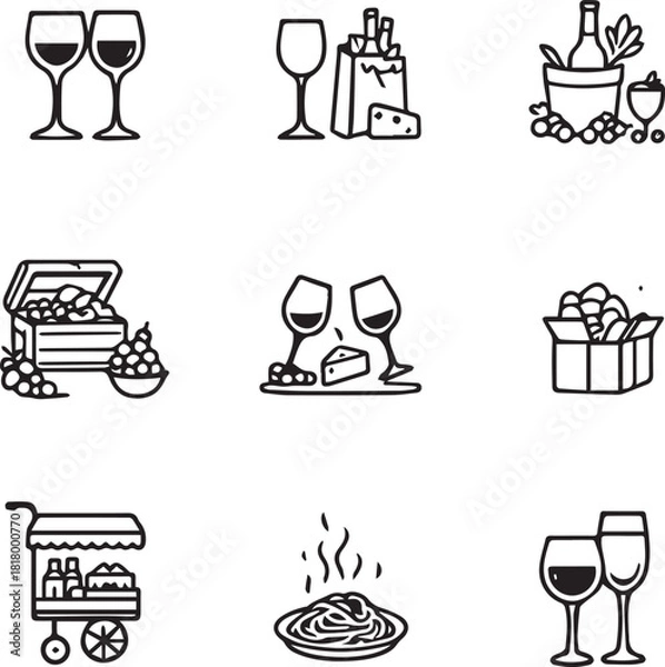 Obraz Wine and Food Icons Set Vector Illustration: Glasses, Grapes, Cheese, and Gourmet Cart Line Art