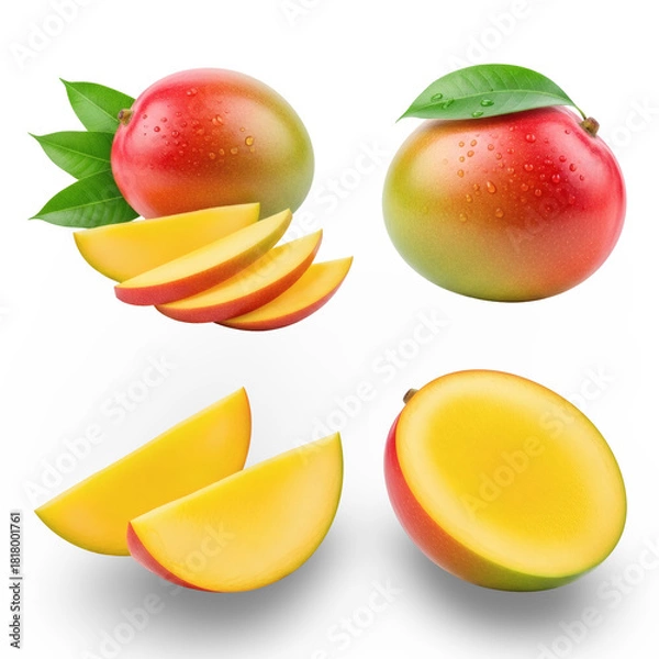 Fototapeta Ripe Mango with Leaves and Slice, Isolated  Transparent Background