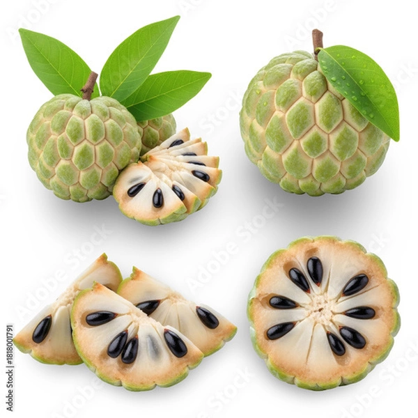Obraz Sugar Apple Fruits, Half, and Wedges on a Black Backdrop - Transparent Background