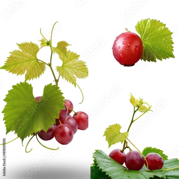 Obraz Red grapes with green leaves and water drops. Transparent Background