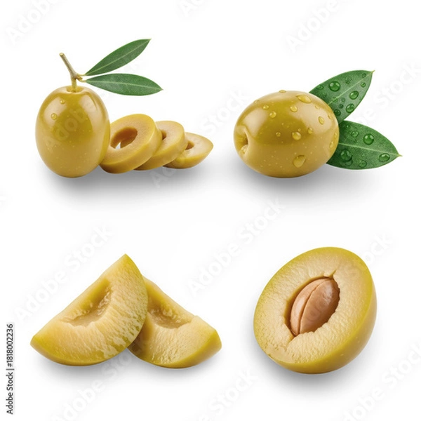 Fototapeta Pitted and sliced green olives with leaves on transparent background