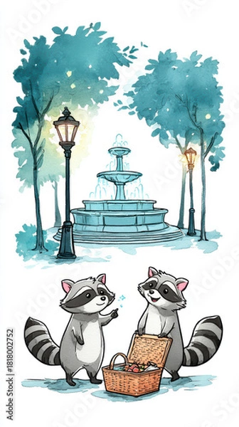 Obraz Charming watercolor illustration features two adorable raccoons near fountain, surrounded by trees and street lamps, evoking playful atmosphere