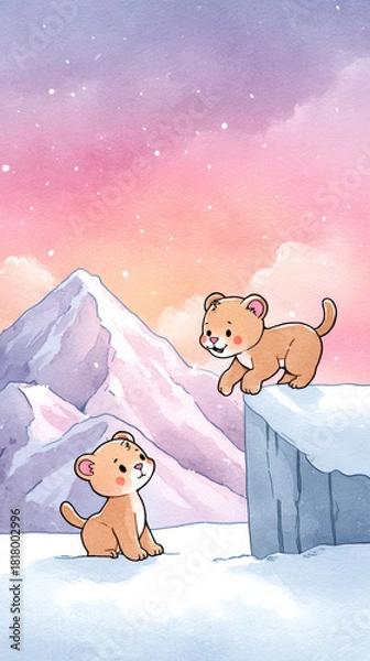 Obraz Charming watercolor illustration depicts two adorable pumas playing in snowy landscape with mountains and colorful sky