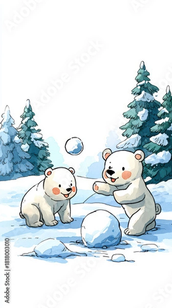 Obraz Adorable polar bears play joyfully in snowy landscape, surrounded by evergreen trees, creating charming winter scene