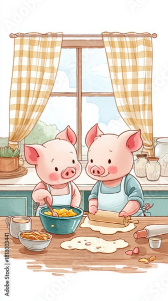 Obraz Charming watercolor illustration features two adorable pigs cooking in cozy kitchen, creating delightful scene of friendship and fun