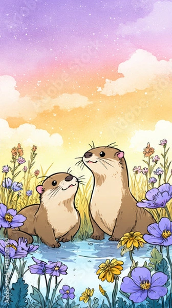 Obraz Charming watercolor illustration features two adorable otters surrounded by vibrant flowers in serene landscape, evoking joy and tranquility