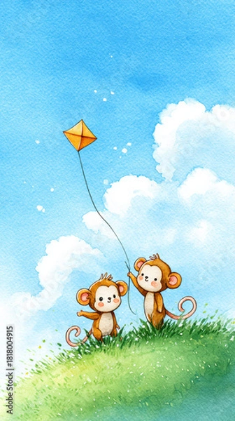 Obraz Charming watercolor illustration depicts two adorable monkeys flying kite in bright blue sky with fluffy clouds