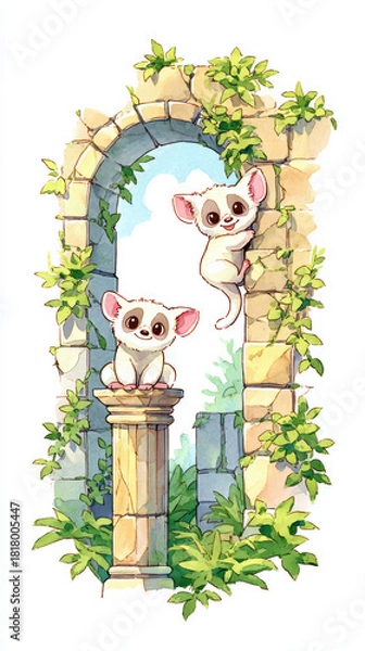 Obraz Charming watercolor illustration features two adorable lemurs playfully interacting in lush, overgrown ruin, evoking sense of whimsy and joy