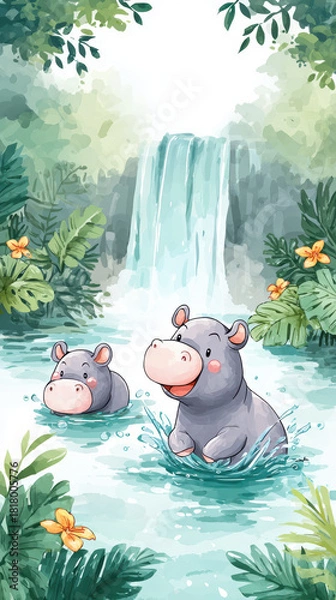 Obraz Charming watercolor illustration depicts two adorable hippos enjoying playful moment serene water setting surrounded by lush greenery and flowers