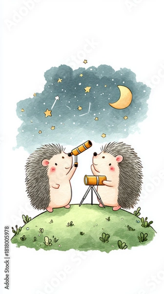 Obraz Adorable hedgehogs gaze at night sky, using telescopes to explore stars and moon, creating whimsical and charming scene