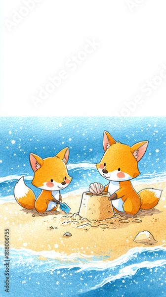 Obraz Charming watercolor illustration depicts two adorable foxes building sandcastle on beach, enjoying sunny day by ocean