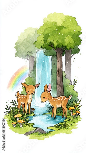 Obraz Charming watercolor illustration depicts two adorable fawns near serene waterfall, surrounded by lush greenery and colorful mushrooms