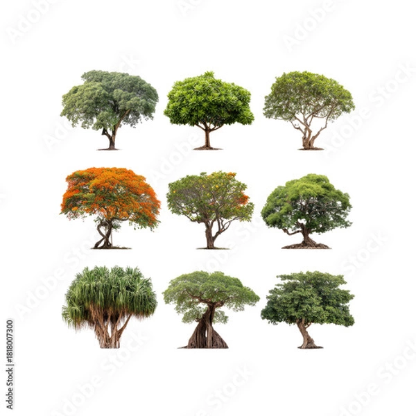 Obraz Collection of trees isolated on black background