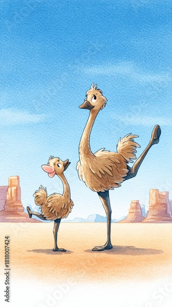 Obraz Charming watercolor illustration features two adorable emus standing playfully in desert landscape, showcasing their unique personalities