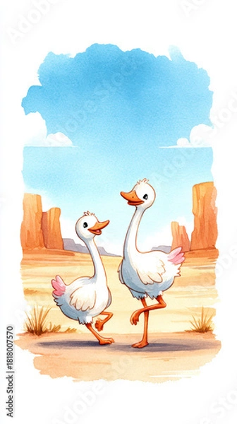 Obraz Charming watercolor illustration features two adorable emus walking playfully in desert landscape, showcasing their unique personalities