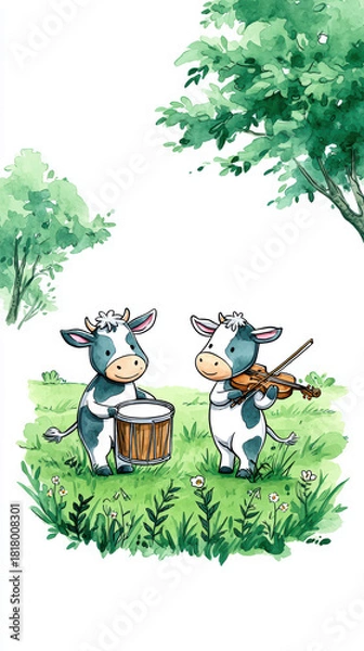 Obraz Two adorable cows play music in charming watercolor illustration, one on drums and other with violin, surrounded by greenery