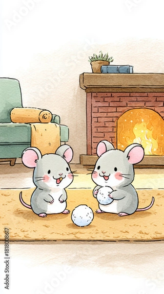 Obraz Cute mice play with snowballs in cozy living room, surrounded by warm fireplace and comfortable sofa, evoking joyful atmosphere