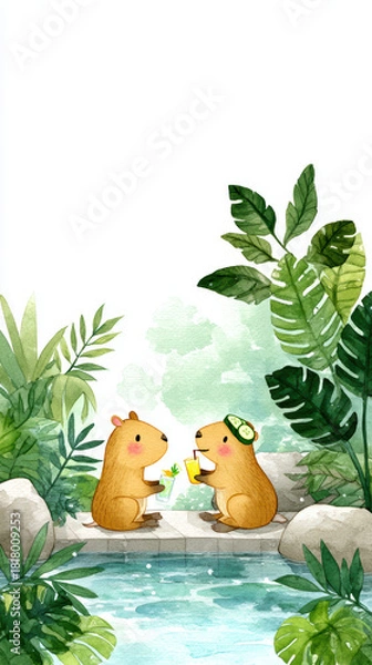 Obraz Charming watercolor illustration depicts two adorable capybaras enjoying drinks by serene pool surrounded by lush greenery