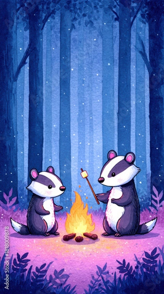 Obraz Charming watercolor illustration depicts two adorable badgers roasting marshmallows by campfire in serene forest setting