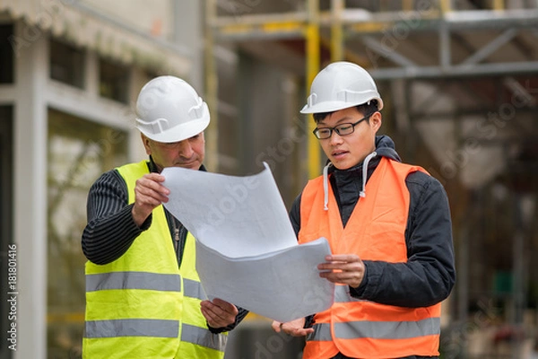 Obraz Young Asian apprentice at work on construction site with senior engineer. Outdoors
