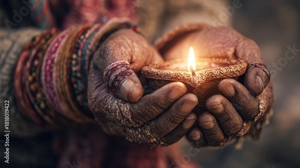 Fototapeta Close up of elderly hands holding a small lit clay lamp decorated with colorful threads and bangles