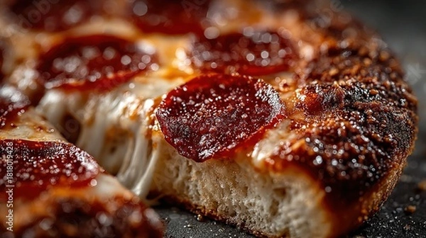 Fototapeta Close-up of a pepperoni pizza with melting cheese and crispy crust.
