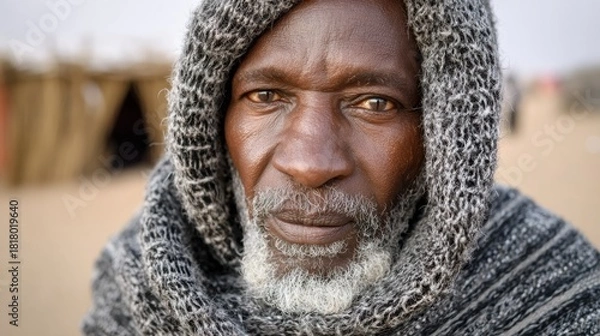 Fototapeta Close up portrait of an elderly Black man wearing a knitted hooded garment with a grey and white pattern