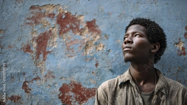 Obraz Young Black man looking upwards with a textured blue and red distressed wall behind him