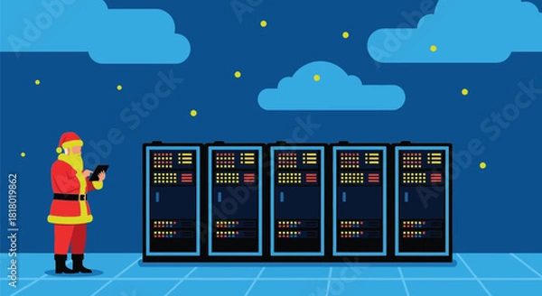 Obraz Santa checks server status on tablet Christmas IT support concept
