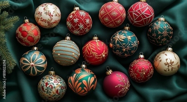 Obraz Colorful Christmas Ornaments Beautifully Arranged on a Green Fabric Background for Festive Holiday Decor