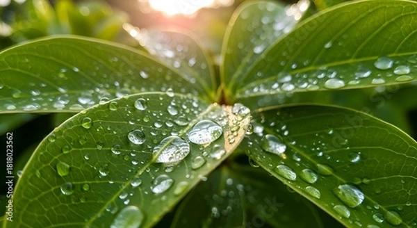 Obraz Close-up raindrops on fresh green leaves after rain