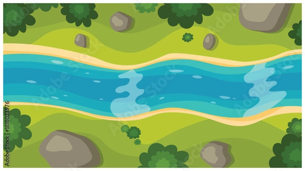 Fototapeta Top View River Landscape Illustration with Rocks, Trees, and Green Nature Background