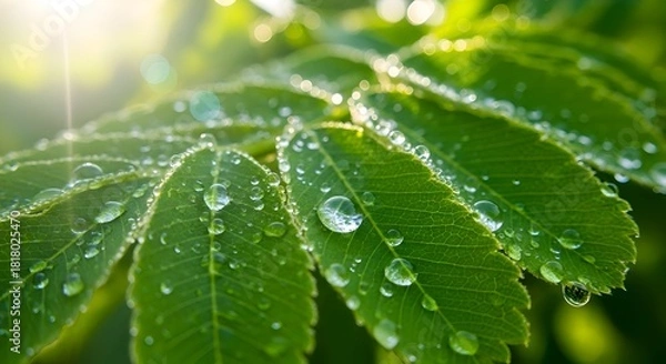 Obraz Close-up raindrops on fresh green leaves after rain