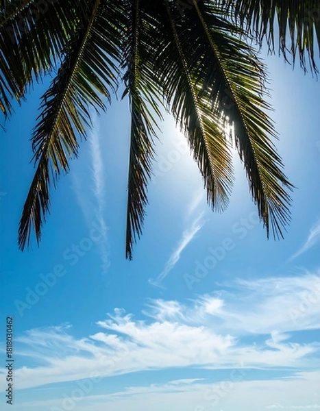 Obraz Low-angle view of a palm frond against a brilliant blue sky, with streaks of wispy clouds and the sun peeking through