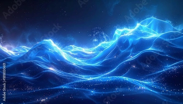 Obraz Luminescent waves crest across a cosmic ocean, reflecting starlight in a mesmerizing blue and indigo dreamscape. The scene evokes ethereal energy