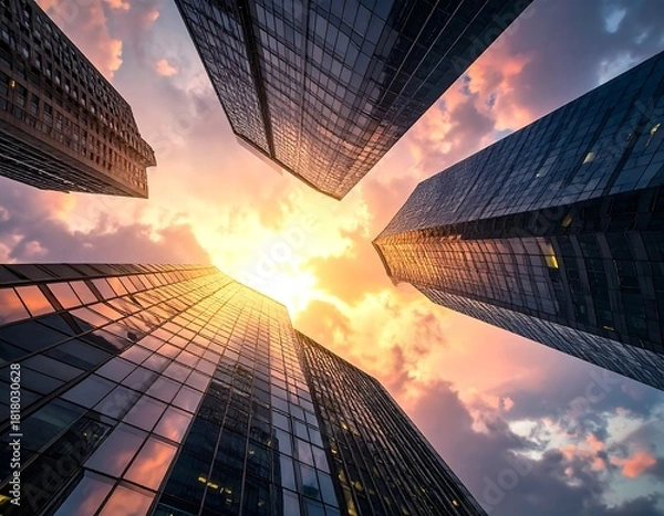 Obraz Low-angle view showcases modern skyscrapers reaching towards a fiery sunset. Glass facades reflect the sky