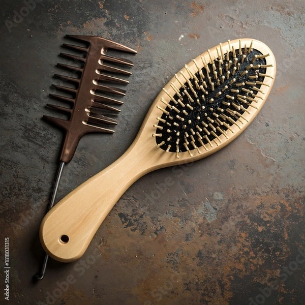 Obraz Overhead shot displays two hairbrushes atop a textured surface. One is a wide-toothed comb, the other is a wooden paddle brush