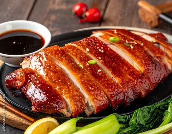 Obraz Sliced roast fowl with shiny skin, served on a black plate, with dark sauce in a white bowl and bok choy