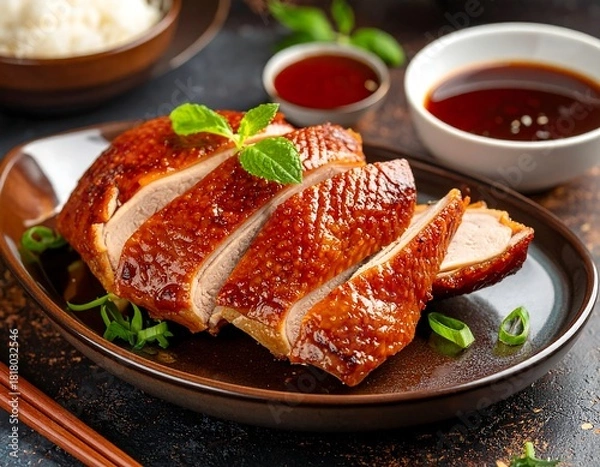 Obraz Sliced, roasted poultry dish with a glistening, golden-brown skin, garnished with fresh herbs, served with rice and dipping sauces