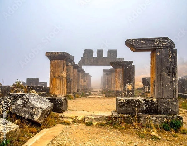 Obraz Stone archways and columns in the mist, part of an ancient ruin, pathway leads through building remains
