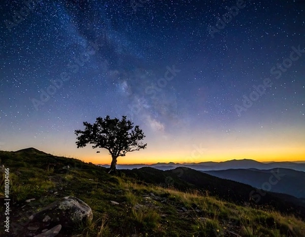 Obraz Stunning capture of a lone tree silhouetted against a vibrant night sky filled with a galaxy, overlooking layered mountains