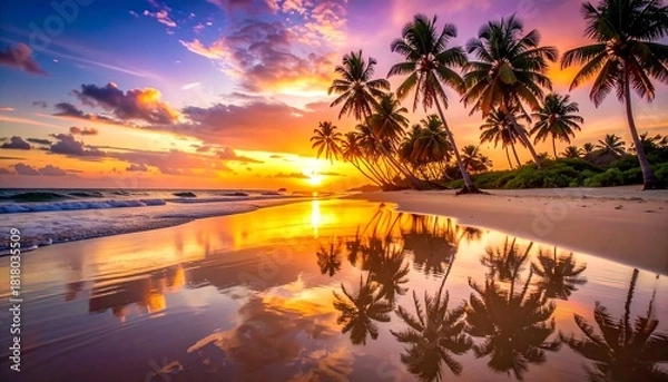 Obraz Tropical beach scene at sunset. Palm trees line the sandy shore as the vibrant sky reflects in the wet sand. Ocean waves gently lap