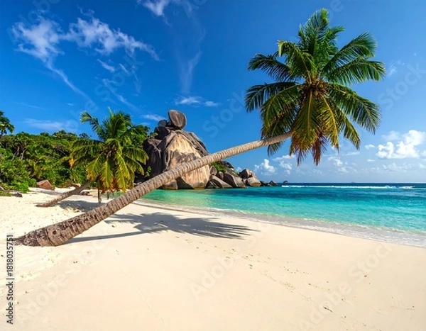 Obraz Tropical beach scene with leaning palm trees, turquoise water, large rocks, and white sand under a blue sky