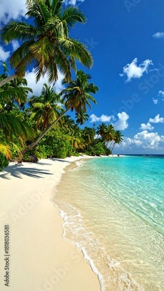 Obraz Tropical beach scene with palm trees, white sand, and turquoise water (9)