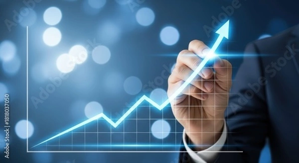 Obraz Man drawing financial growth chart with an upward arrow. Business success, investment strategy and economic development concept.