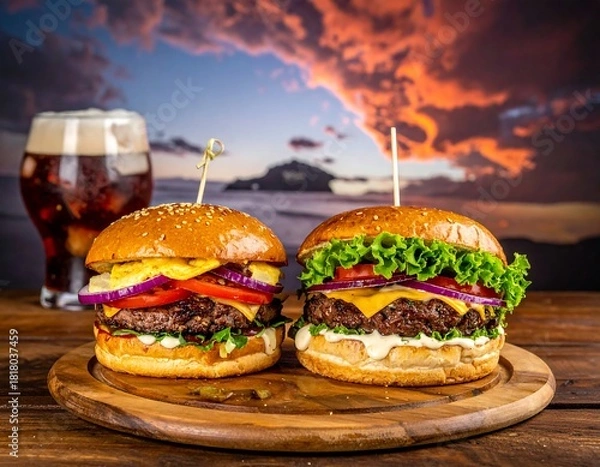 Obraz Two burgers on a wooden board, with beer and sunset background